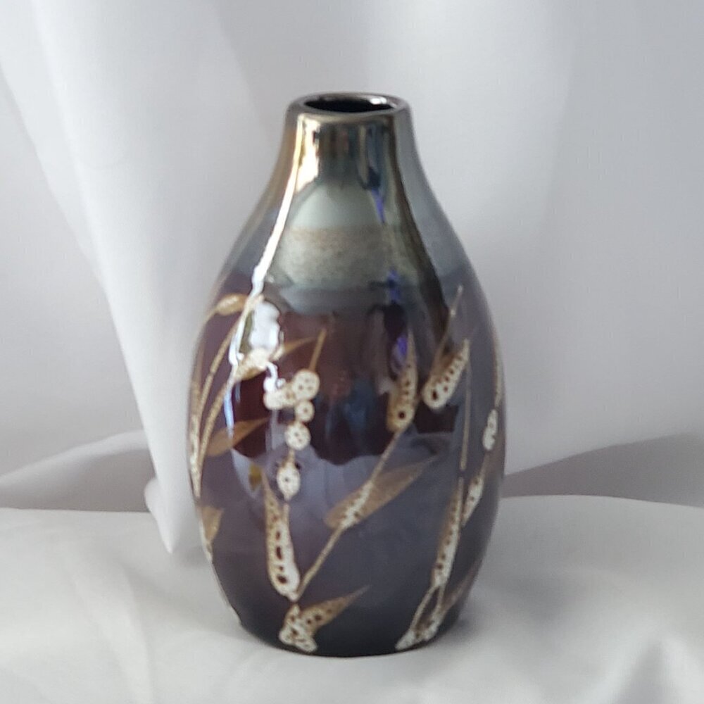 VTG Ceramic 5" Vase With Metallic Finish Brown with Wheat Design Bud Vase - Picture 4 of 12